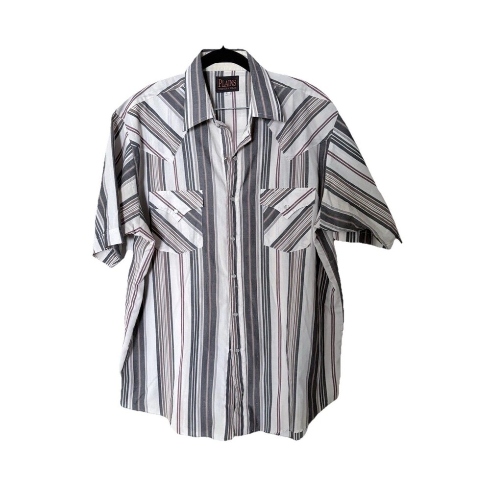Vintage Plains Western Wear Western Striped Short Sleeve Button-Up Shirt w/ - L